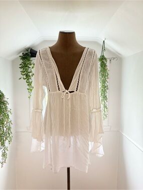 Boho Tie-Front Gauzy White Coverup Dress
